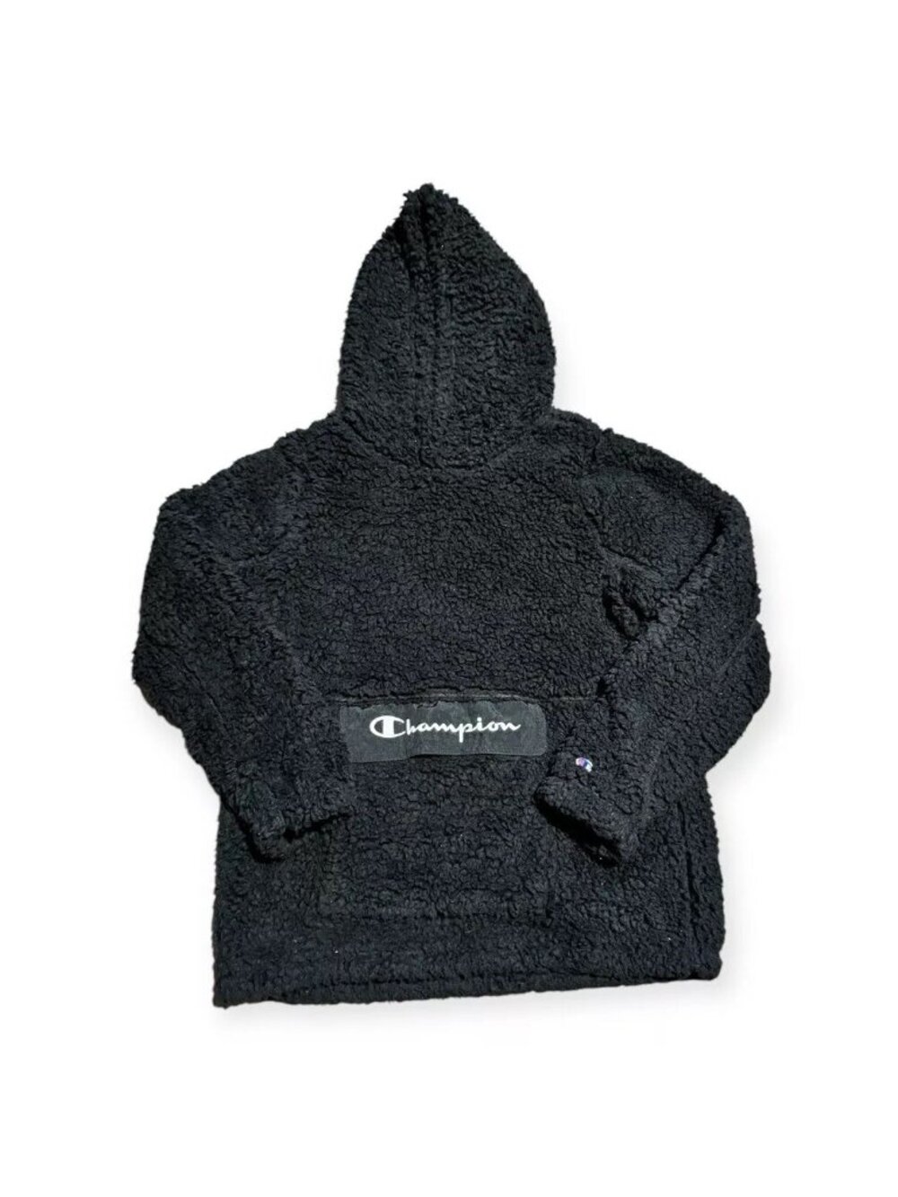 Champion Hoodie Faux Sherpa Furry Women Med Hoodie Fleece Front Pouch Pocket Blk